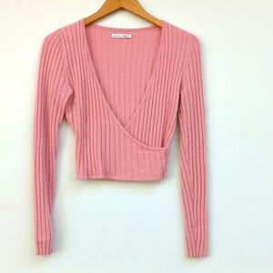 Reformation Jeans Faux Wrap Cropped Cashmere Ribbed Pink Sweater - M